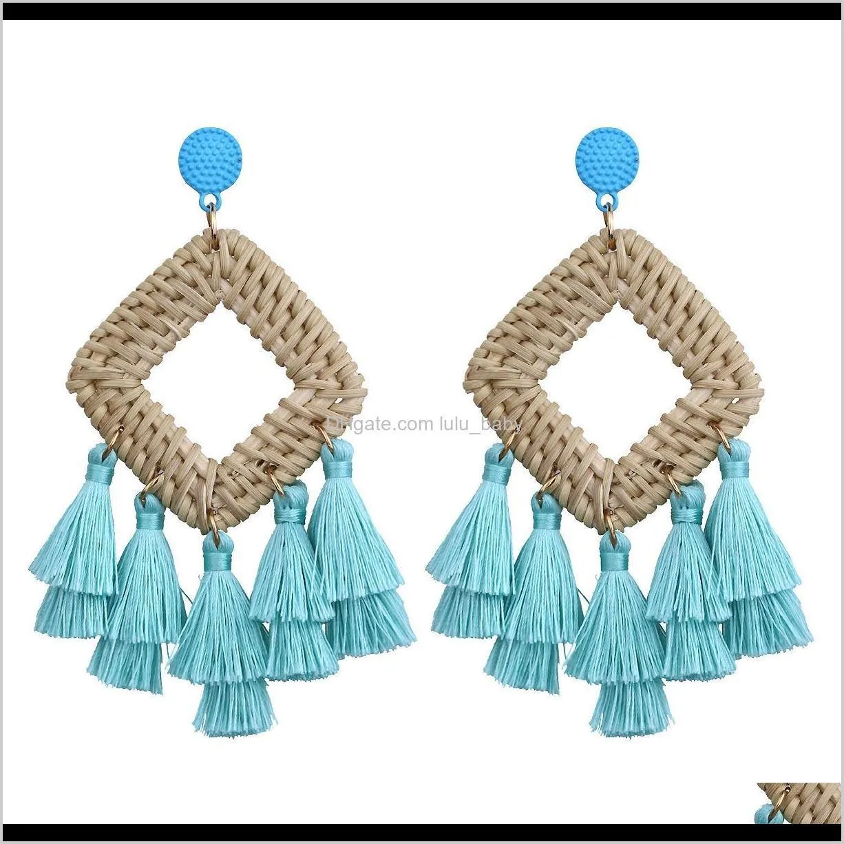 new trendy personality tassel earrings crochet straw rhombus bohemian delicate dangle earrings