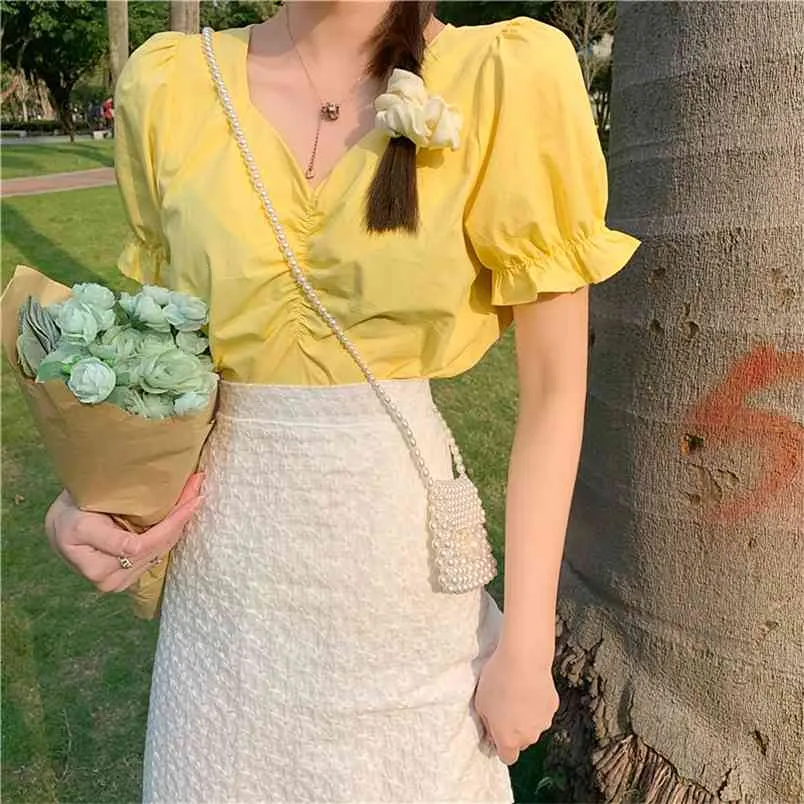 A-line skirt with puff sleeve blouse