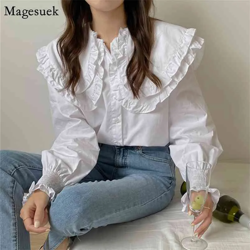 Spring Chic Turn Down Collar Ruffled Woman Shirt White Long Sleeve Loose Casual Shirts Women Solid Fashion Tops Blusas 13905 210512