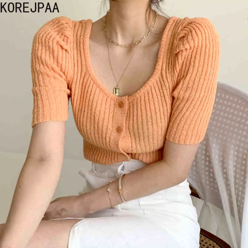 Women Sweater Summer Korean Chic Girl Age-Reducing Candy Color U-Neck Pit Strip Short Puff Sleeve Knitted Cardigan 210514