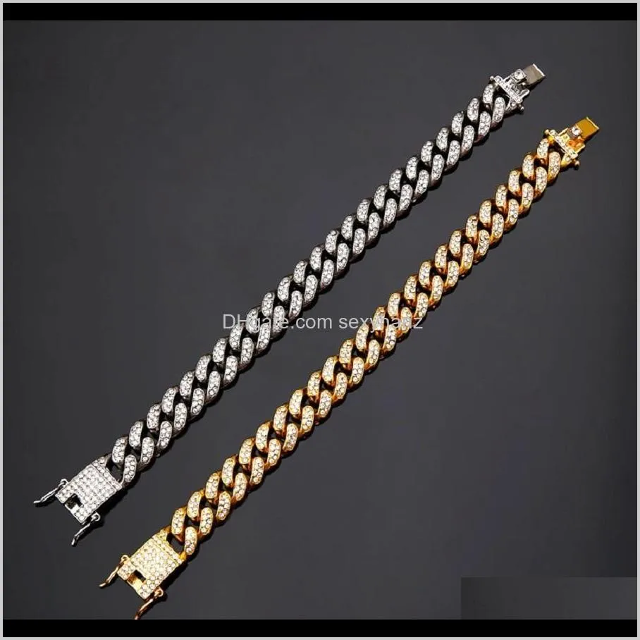 new fashion mens bracelets 14k gold chains cuban link bracelet punk hip hop jewelry gold silver color rhinestone design men gift for