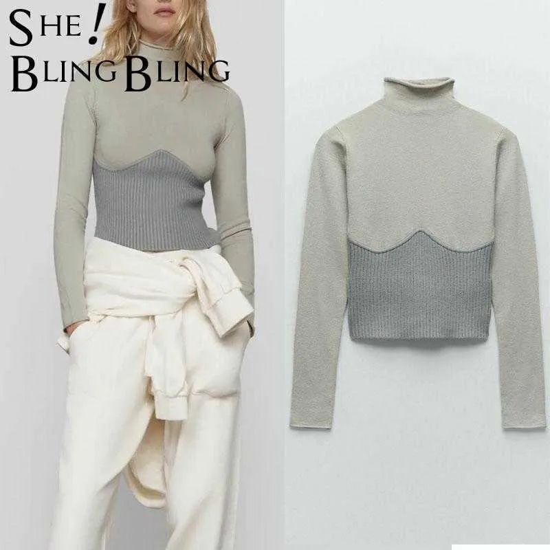 Shelatsbling Za kobiety 2021 Winter Patchwork Turtleneck Dzianiny Sweter Z Długim Rękawem Slim Pullover TRA Kobieta Chic Dzianiny Szary Top Y0825