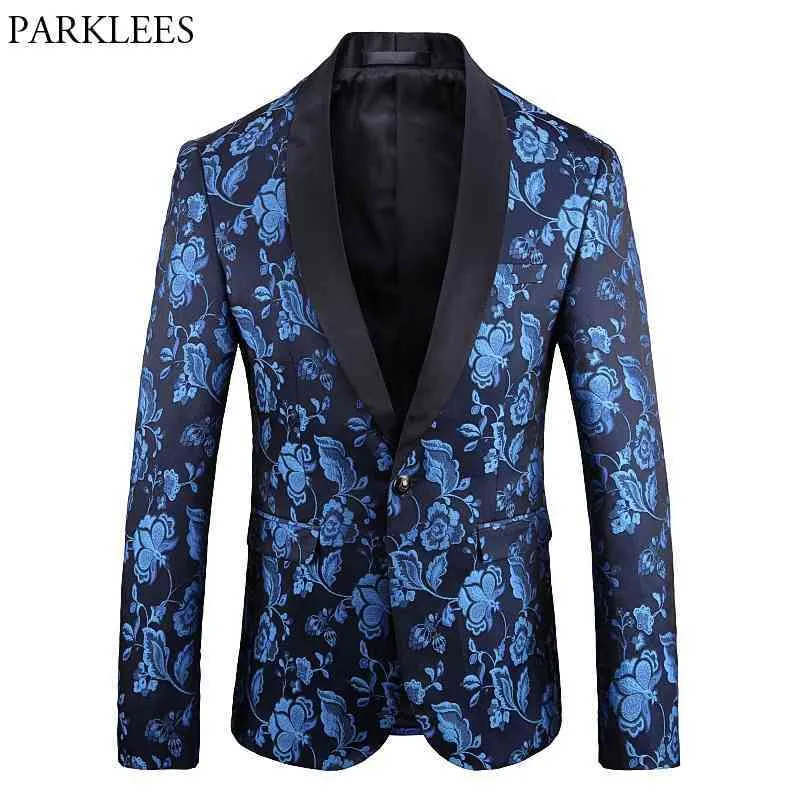 Royal Blue Floral Embroidery One Button Pak Jas Mannen Stijlvolle Sjaal Kraag Party Blazers Mens Bruiloft Diner Blazer Masculino 210522