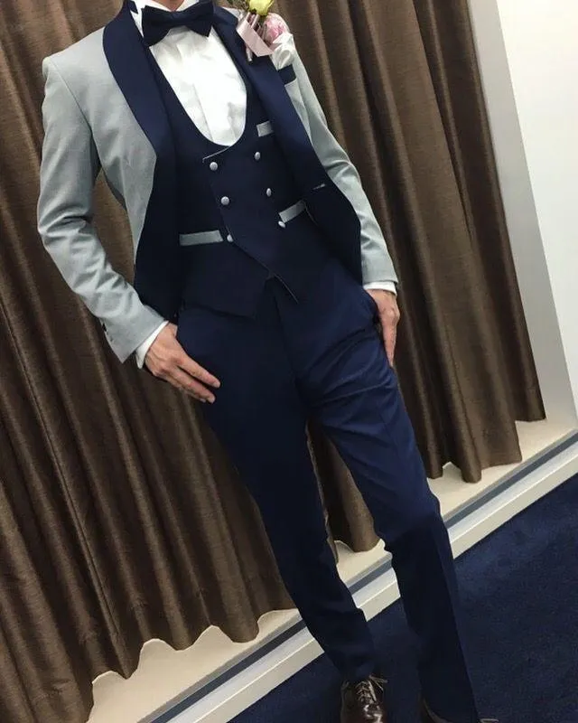 Costumes de mariage pour hommes gris clair fumer veste de smoking garçon d'honneur sur mesure bleu marine gilet pantalon 3 pièces marié Terno pour hommes Blazers pour hommes