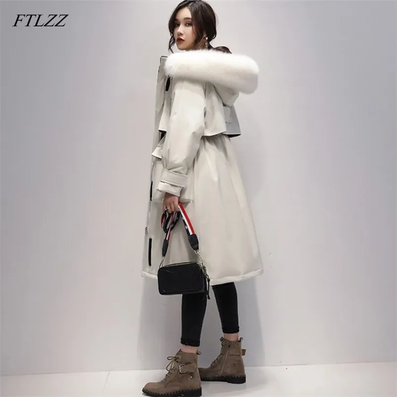 Large Real Fox Fur 90% White Duck Down Long Coat Winter Jacket Women Parkas Thick Warm Waterproof Overcoat 210430