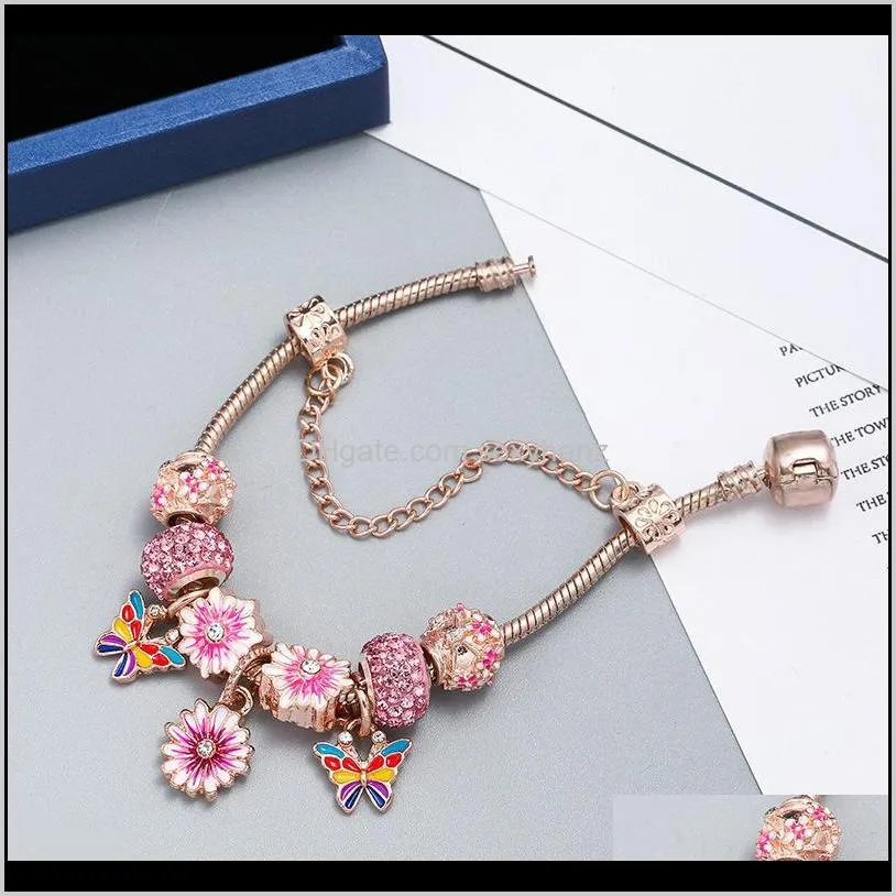 fashion luxury diamond crystal diy european glass beads butterfly flower charm designer chain bangle bracelet for woman girls silver