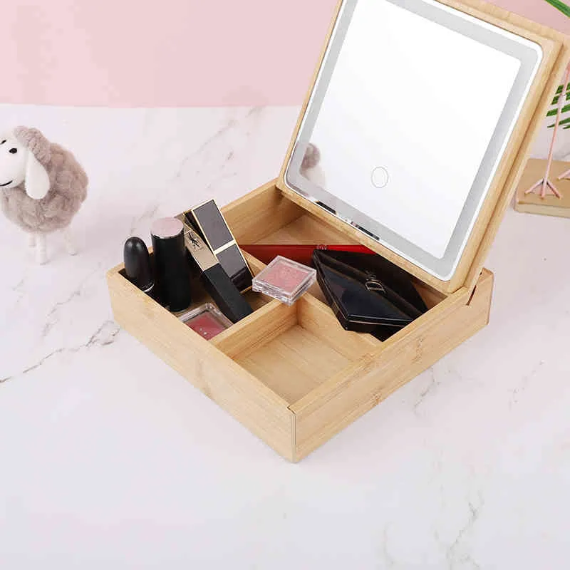 LED Natural Wood Light Portable Cosmetic Storage Box Case Retro Lighting Makeup Spegel