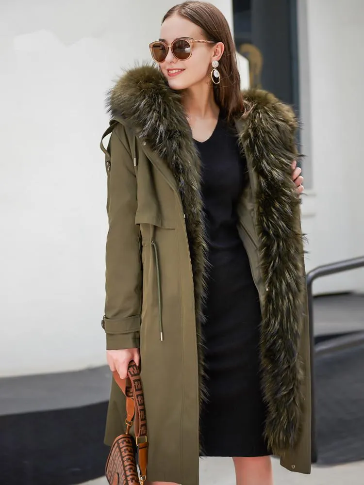 女性の毛皮の毛皮の本物のパーカーコート女性のライナー冬の女性のアライグマの襟の暖かい長いジャケットのトレンチコート私のs