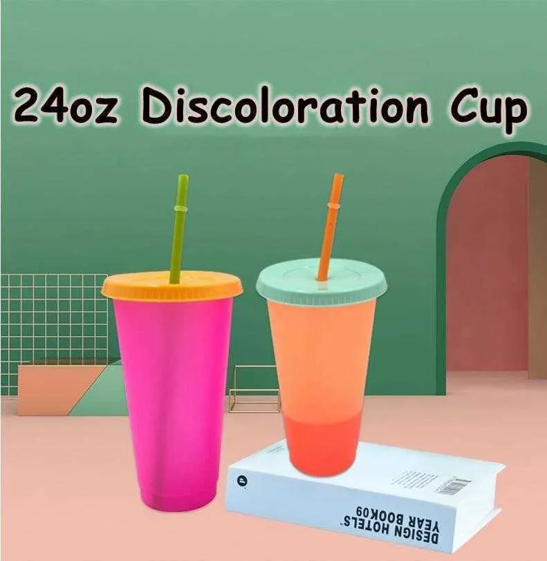 24oz Color Changing Cup Magic Plastic Drinking Tumblers with Lid and Straw Reusable Candy Colors Cold Cup Summer Water Bottle CCA12201 