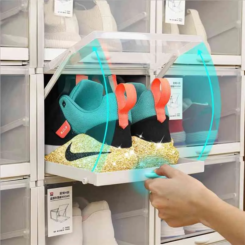 3 unids Caja de zapatos transparente Caja de rack creativa pulsador de engrosamiento plegable a prueba de polvo a prueba de polvo automático Caso 210811