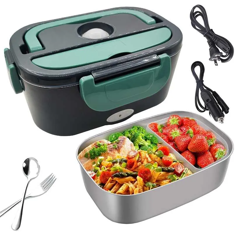 Roestvrij staal 2 in 1 Elektrische Verwarming Lunchbox 110 V 220V 12V 24 V Auto Office School Voedsel Warmer Container Verwarming Lunchbox Set 211108