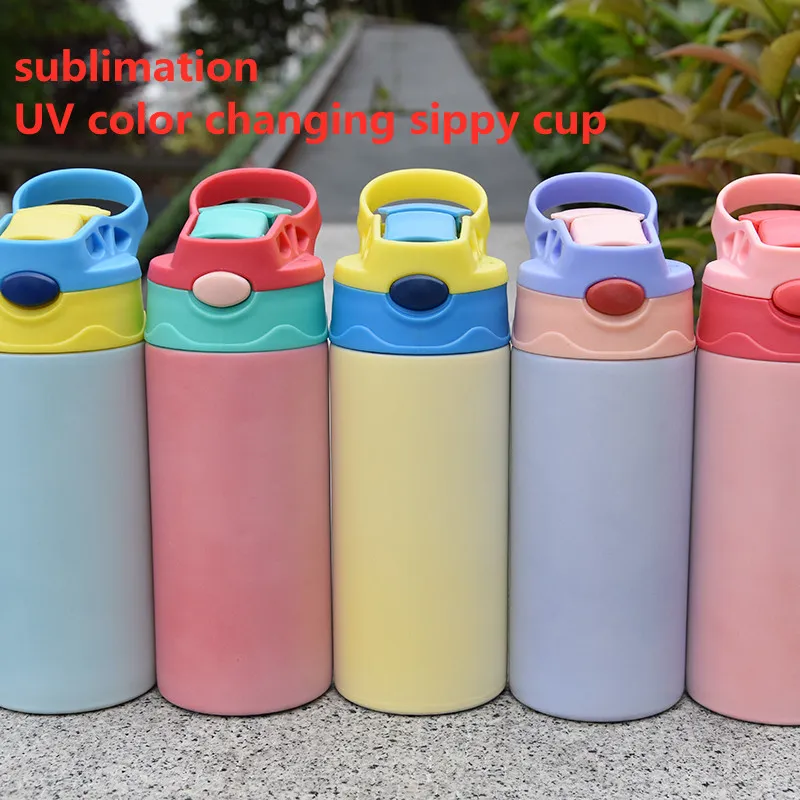 Sublimation UV-Farbwechsel Sippy Cup Gerade Kinderflasche Edelstahl Gewirr Flaschen Doppelwand mit Deckeln und Stroh