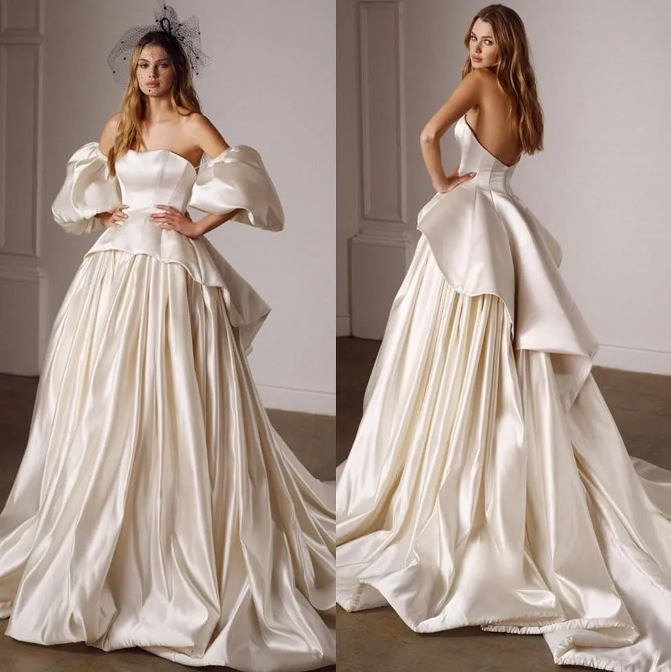 Robes De mariée à taches mates, sans bretelles, en péplum, avec manches détachables, grande taille, traîne De balayage, en Satin