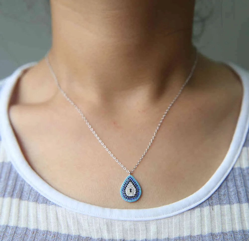 colored cz tear drop pendant necklace 100% 925 sterling silver turkish evil eye design nano turquoises women necklaces