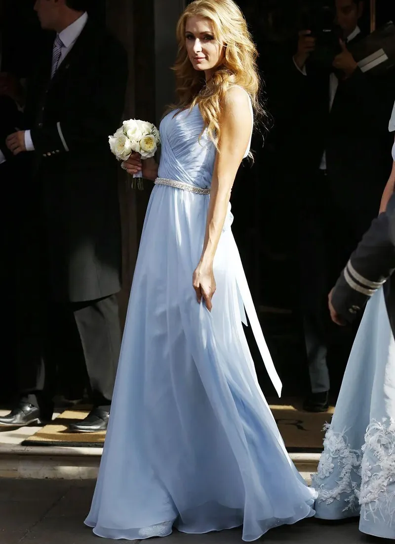 Light Sky Blue Color V Neck Bridesmaid Dress A Line Sleeveless