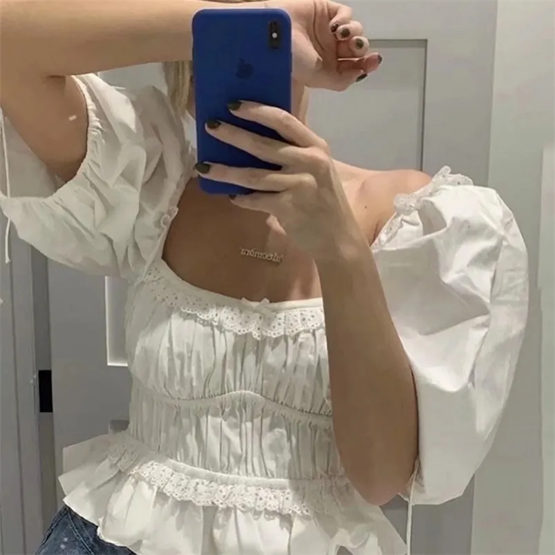 Casual White Lace Up Bluzki Koszule Kobiety Lato Backless Wzburzyć Uprawy Topy Puff Rękaw Rocznika Blusa Mujer Chic 210427