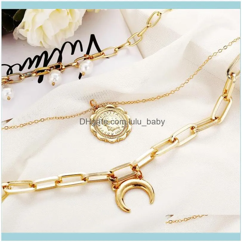 Chains Punk Pearl Sweater Chain Human Head Crescent Pendant Women Three Layer Necklace Hip Hop Stainless Steel Thick Choker Jewelry1