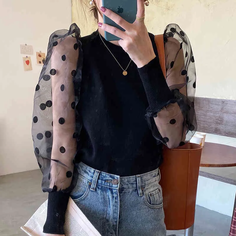 [EWQ] Koreaanse Chic Round Neck Losse Transparante Mesh Polka Dot Stitching Puff Sheeve Sweater Dames Dunne Top ZT749 Zwart 210423