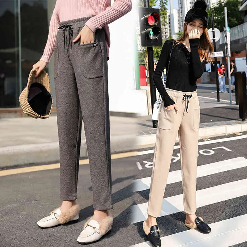 Espesar mujeres lápiz pantalones Otoño Invierno OL estilo lana mujer trabajo traje pantalón suelto pantalones Capris 210514