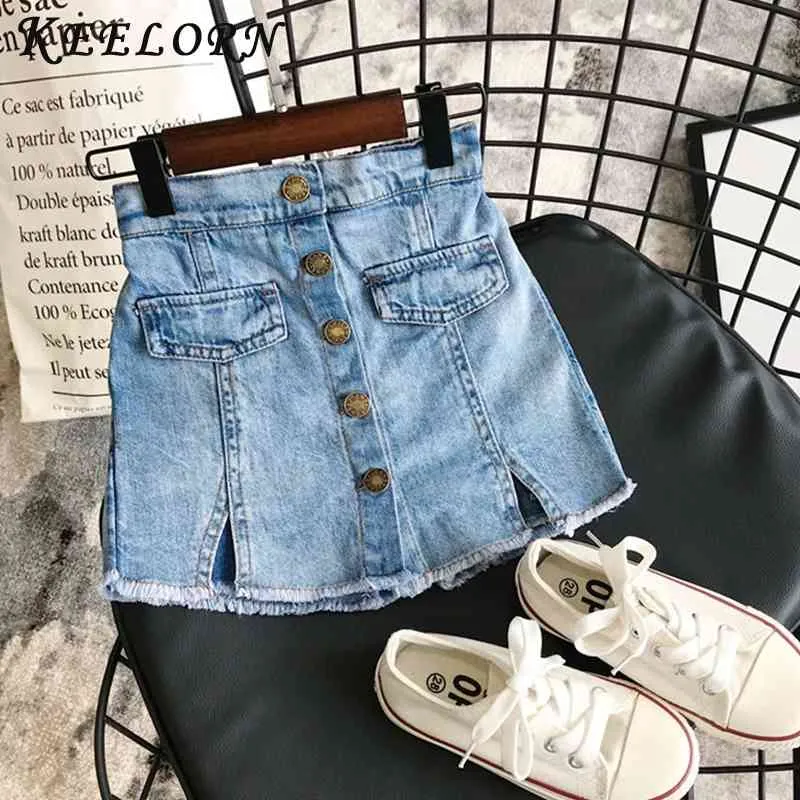 Keelorn Mädchen Röcke 2021 Neue Sommer Entzückende Kinder Denim Einfarbig Taste Jeans Shorts Culottes Mädchen Kleidung 3-7Yrs 210331