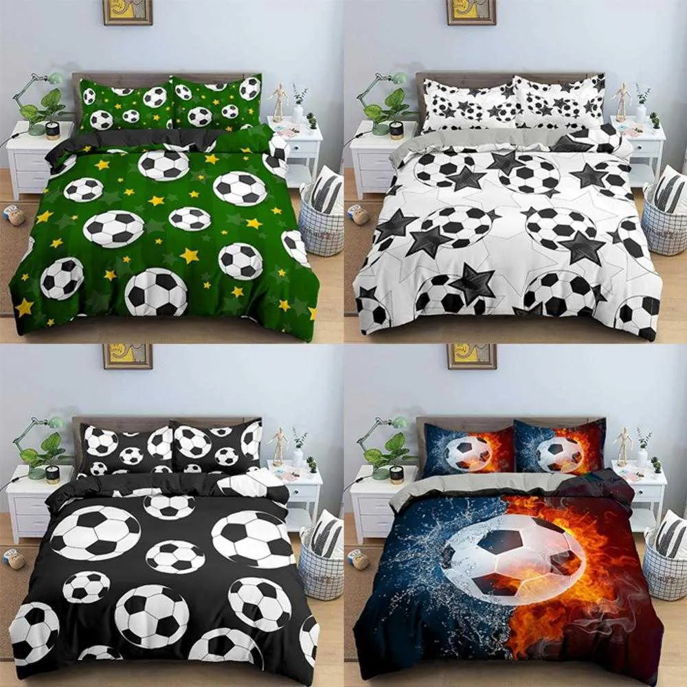 Fotboll Tryckt Duvet Cover Soccer Bedding Set Quilt med kuddeväska Barn Barnkläder för pojkar / Tonåringar 210615