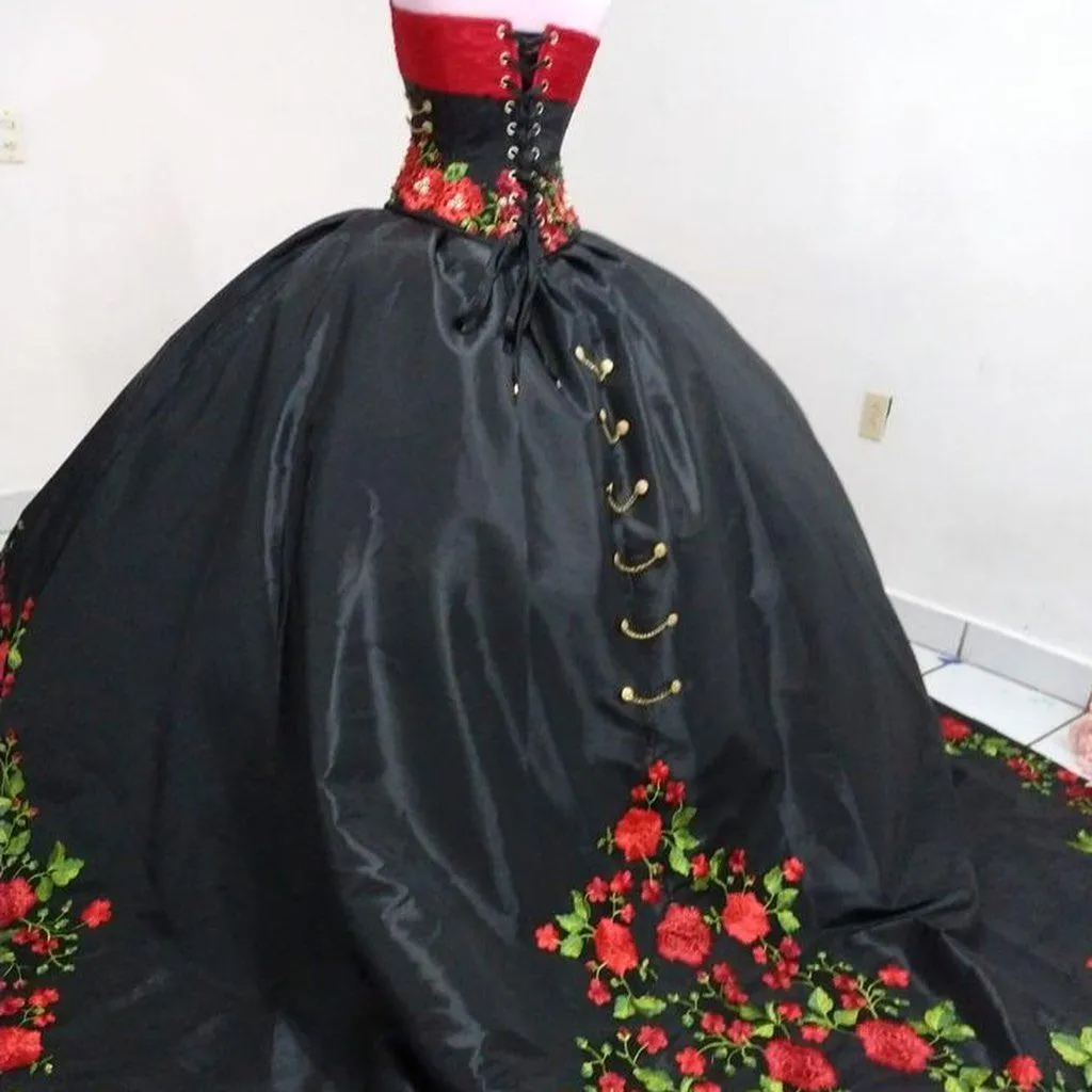 puffy red and black quinceanera dresses Princess Black Quinceanera Dresses With Florals Off Shoulders Ball Gown Ruffles Birthday 16 Formal Party Dress Big Bow Baile Charro vestidos de 15