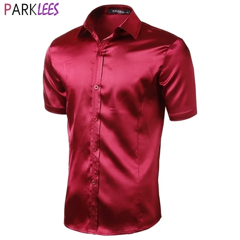 Red Slim Fit Silk Satin Dress Shirts Wedding Groom Stage Prom Shirt Men Short Sleeve Casual Button Down Shirt Male Chemise Homme 210522