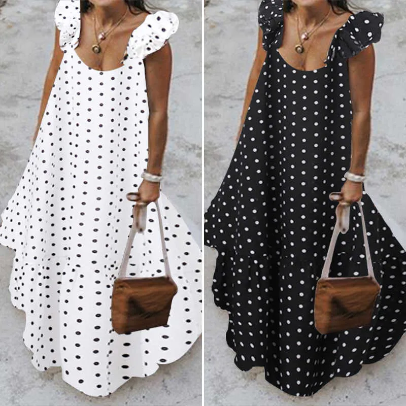 규조 2021 여름 표범 SUNDRWomen Bohemian Polka 인쇄 Maxi Drcasual Female Sleevelrobe Long Ruffles Vestidos X0529