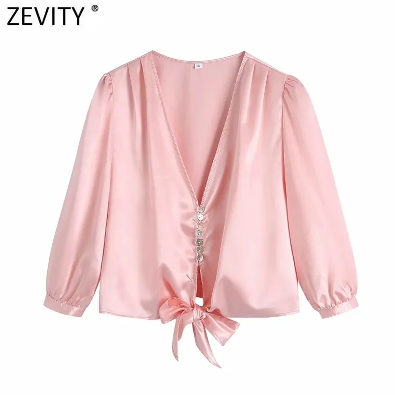 Frauen Elegante V-ausschnitt Saum Bowknot Casual Kurze Hemd Weibliche Falten Puff Sleeve Kimono Bluse Roupas Chic Satin Tops LS9214 210416