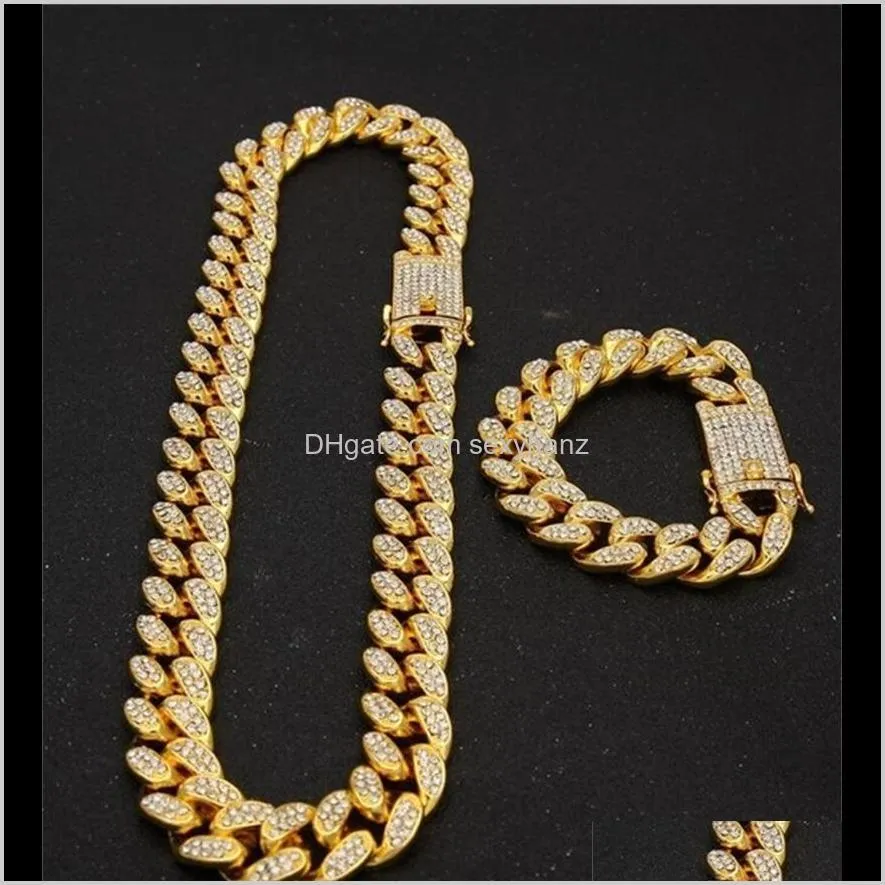 Define a entrega da queda de jóias 2021 1m Miami Cuban Link Chain de Ouro Sier Colar Pulseira Set gelado de cristal Strinestone Bling Hip Hop para homens