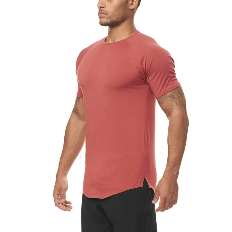 Erkekler Slim Fit T Gömlek Katı Renk Spor Giyim Vücut Geliştirme Spor Sıkı Spor T-shirt Hızlı Kuru Eğitim Tee Gömlek Homme 210421