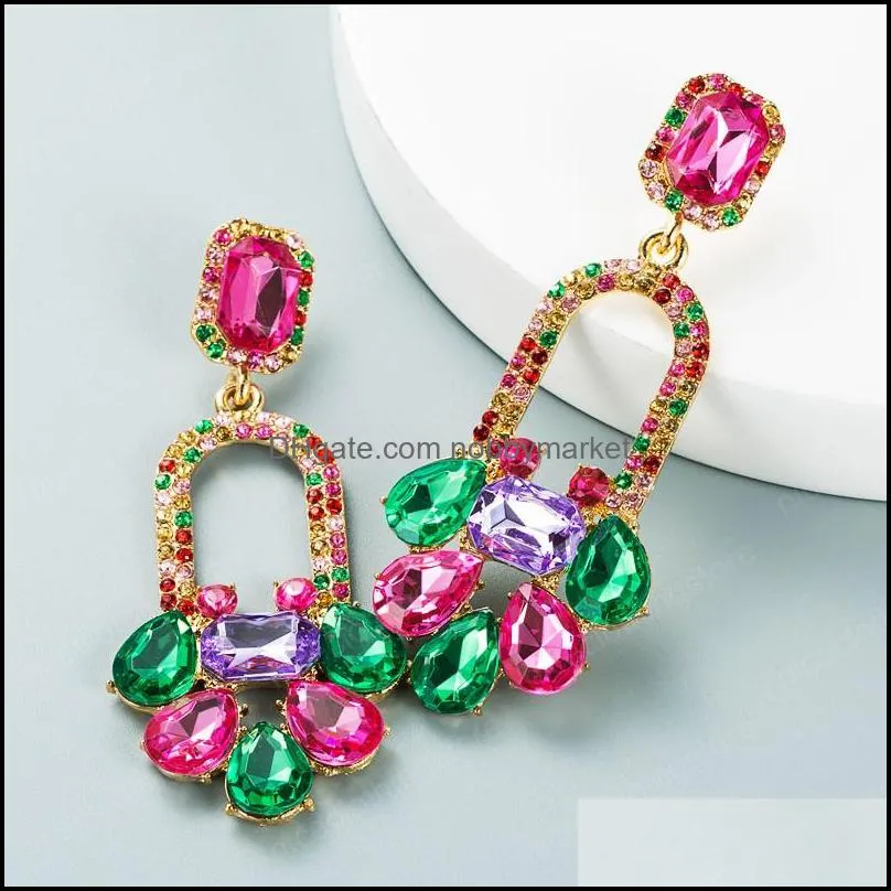 Exaggerated Colorful Crystal Dangle Earrings Vintage Spakly Rhinestone Geometric Drop Earrings Bridal Wedding Brincos