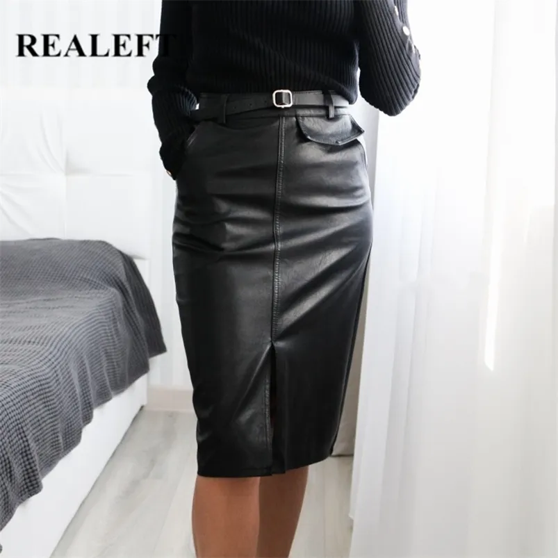 Realeft Black PU lederen rok herfst winter voorzijde split potlood Midi rokken elegante hoge taille schede wrap rokken met riem 210721