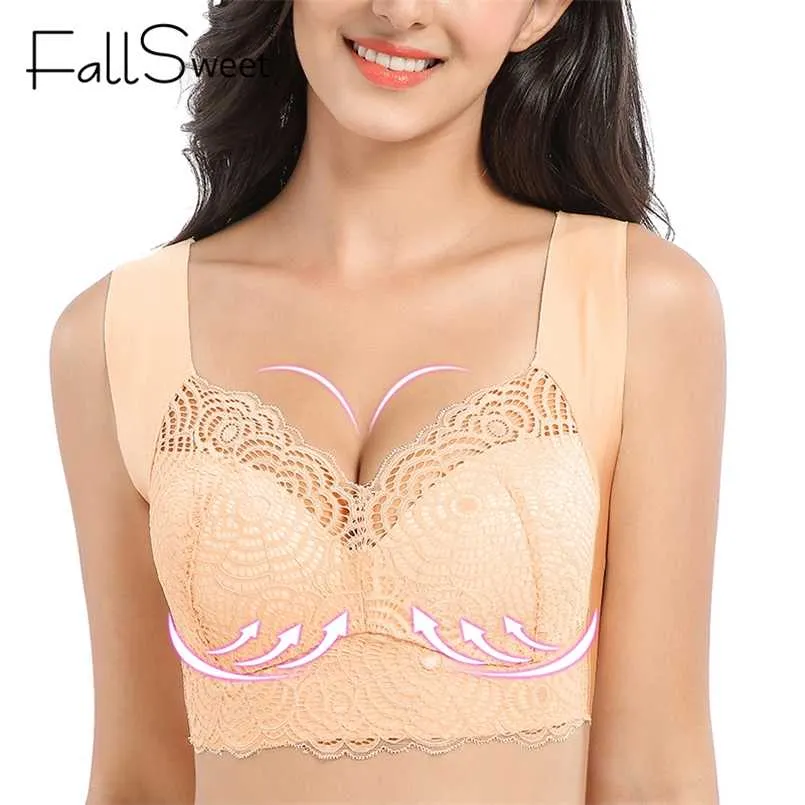 FallSweet Wire Free Lace Bras for Women Plus Size Vest Lingerie Thin Brassiere Full Cup Push Up Seamless Bralette 211110