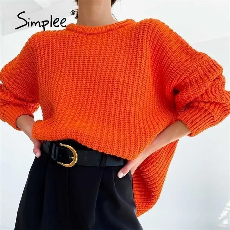 Sweater laranja de manga longa enorme Outono Outono Casual O-pescoço de inverno de inverno Mulheres escritório roxo senhoras Básico Jumper 211103
