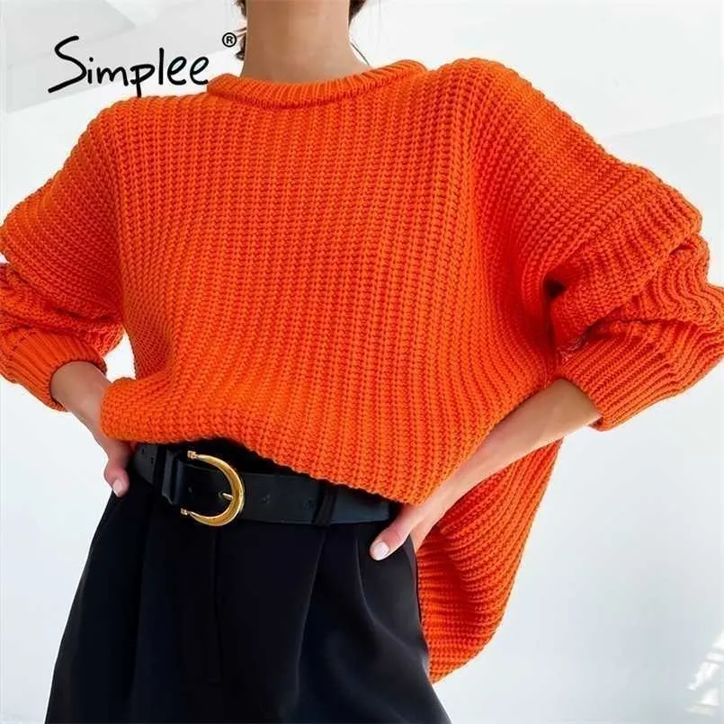 Surdimensionné à manches longues femme orange pull automne décontracté o-cou hiver pull femmes bureau violet dames basique pull 211103