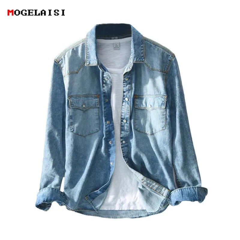 Męskie Koszule Safari Styl Slim Retro Dżinsy Niebieska Koszula Dla Człowieka Denim Kieszenie Męska Koszulka Homme Camisa Masculina M-3XL 360