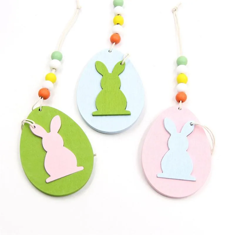 Easter Wooden Hanging Pendant DIY Solid Color Egg Bunny Shaped HangingS Ornament Happy Easter Home Decoration 6pcs/bag