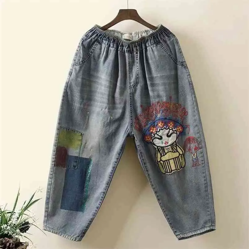 Wysokiej Jakości Spring Summe Kobiety Elastyczna Talia Loose Dżinsy Vintage Patchwork Cartoon Haft Bawełniane Denim Harem Spodnie M232 210512