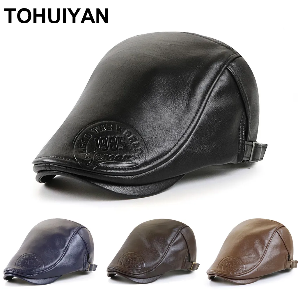 Top Level Leather Newsboy Cap for Men Autumn Winter Warm Beret Hat Gorras Planas Cabbie Hats Vintage Male Boinas Flat Caps