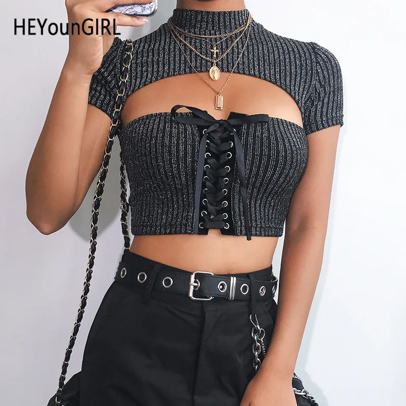 HEYounGIRL Women Casual Short Sleeve Glitter T Shirt Women Bandage Elegant T-shirt Ladies Hollow Out Sexy Crop Top Summer Party Y0508