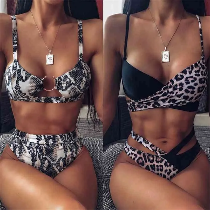 Conjunto de bikini de cintura alta para mujer Sexo femenino Leopardo Serpiente Estampado Traje de baño Brasileño Biquini Push Up Baño Traje de baño 210712