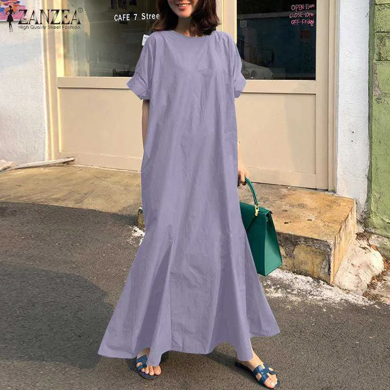 Zanzea damska letnia sundress elegancki krótki rękaw luźne zwykły bawełna długi maxi sukienka casual wzburzyć vestido szata femmevize y0823