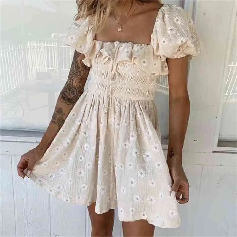 Słodka Księżniczka Lato Kobiety Francuski Plised Ruched Elastyczna Talia Ruffles Daisy Flower Print Puff Sleeve Mini krótka sukienka 210429