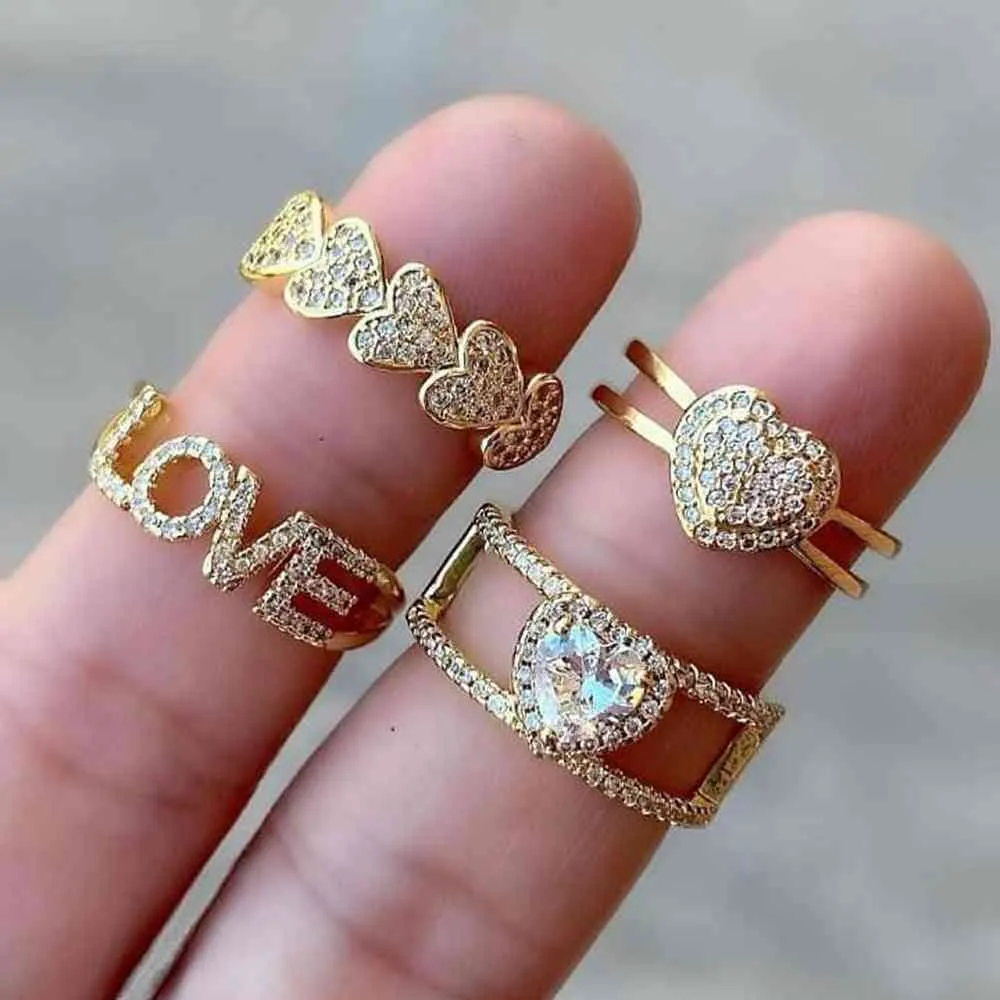 5 st, mode kvinnors guld hjärta cz öppna justerbara bröllop kärlek s vit kristall stapling ring för kvinnor