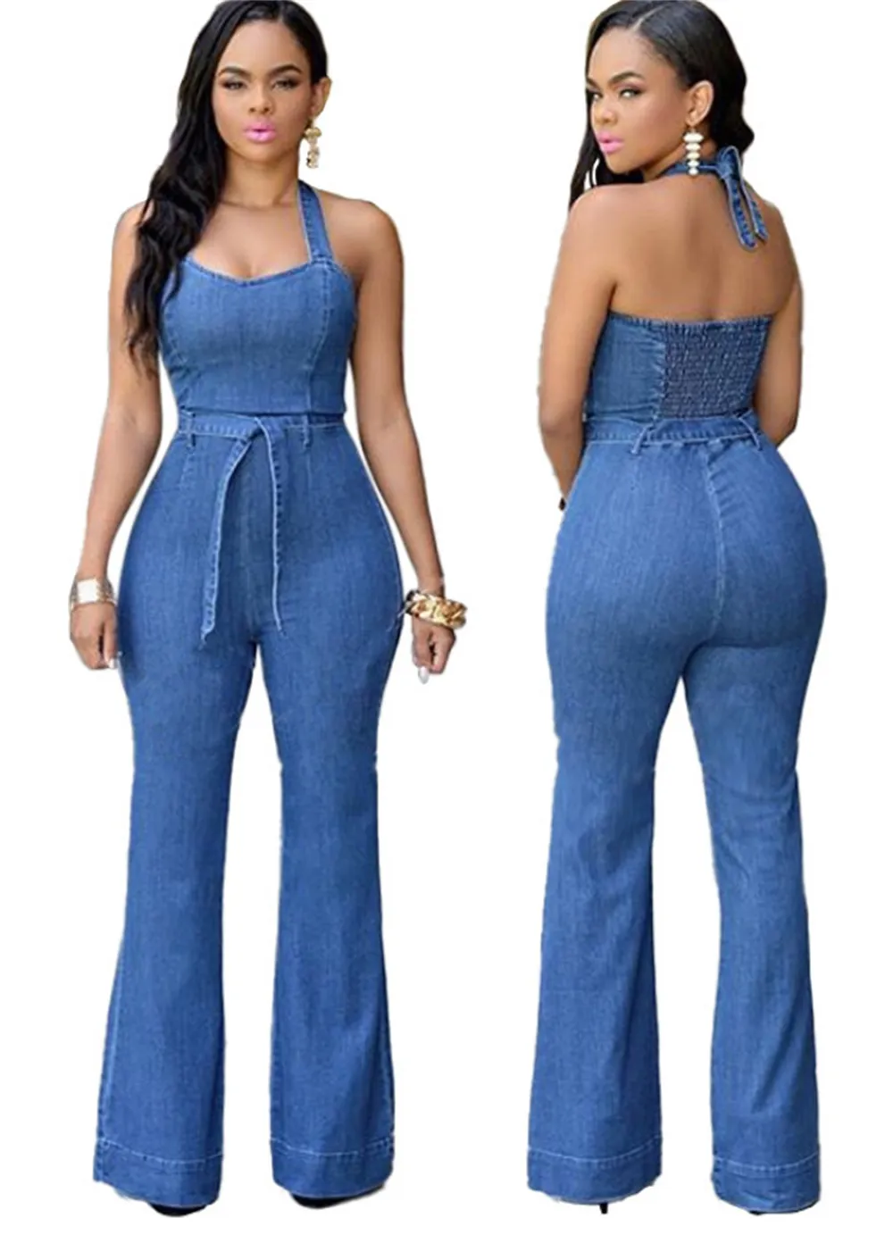 V-Neck Halter Dark Denim Jumpsuit | GreaterGood
