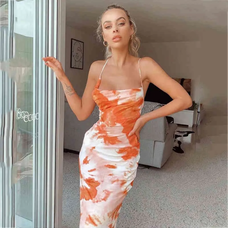 Foridol Tie-gefärbtes orange ärmelloses Kleid Frauen Sommer Sexy rückenfreies Schnürkleid Langes Sommerkleid Club Party Boho Strandkleid 210415