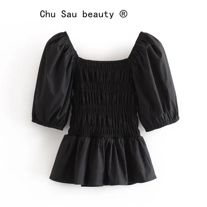 Chu sau schoonheid mode zomer vrouwelijke vierkante kraag strakke borst stretch shirt vrouw effen kleur casual bubble mouw top 210508