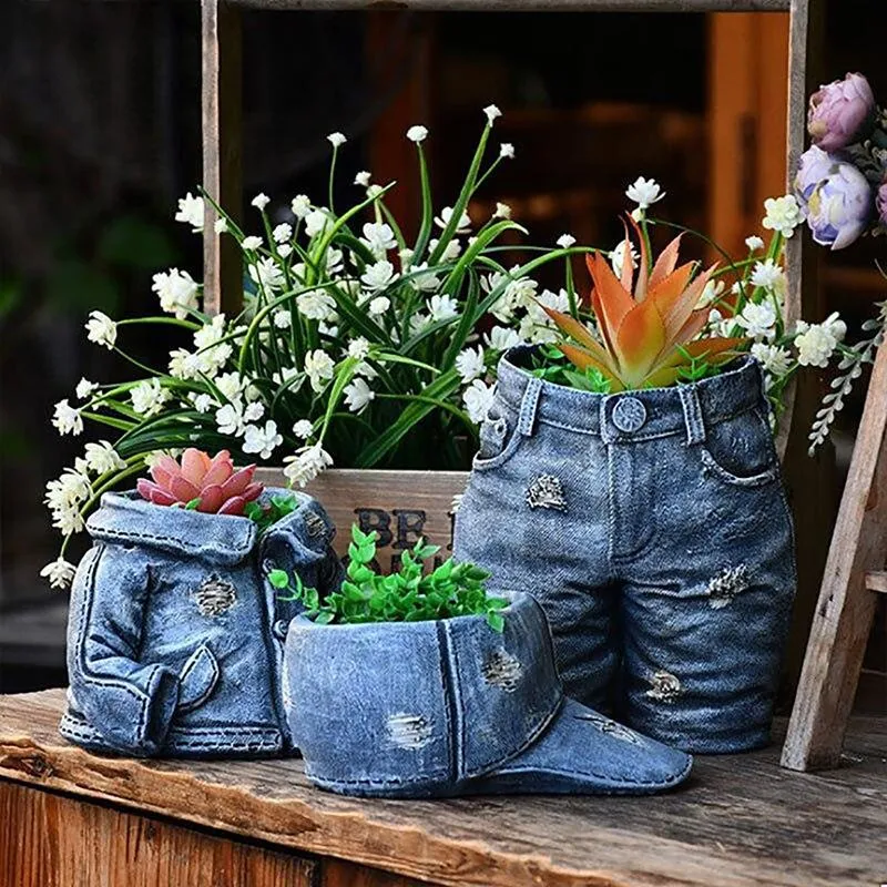 Denim vêtements Pots de fleurs décoration résine Pot jardin créatif ornement chapeau Arrangement conteneur artisanat décorations