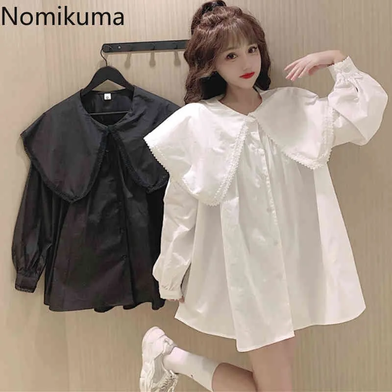 Nomikuma Korean Style Long Sleeve Blouse Women Peter Pan Collar Single Breasted Loose Shirts Unicolor Casual Tops Blusas Mujer 210514